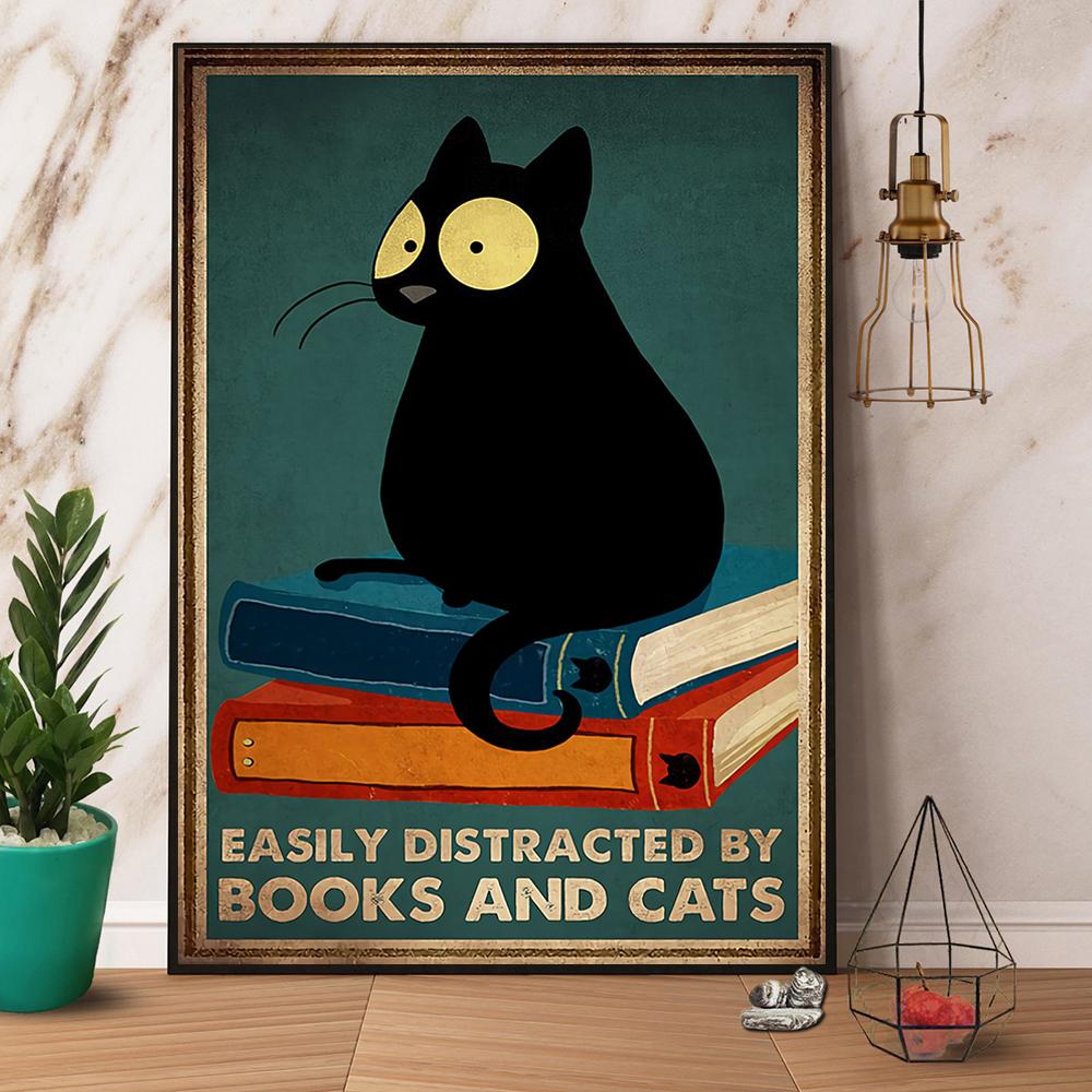 Black Cat & Books Easily Distracted By Books And Cats Satin Poster Portrait No Frame