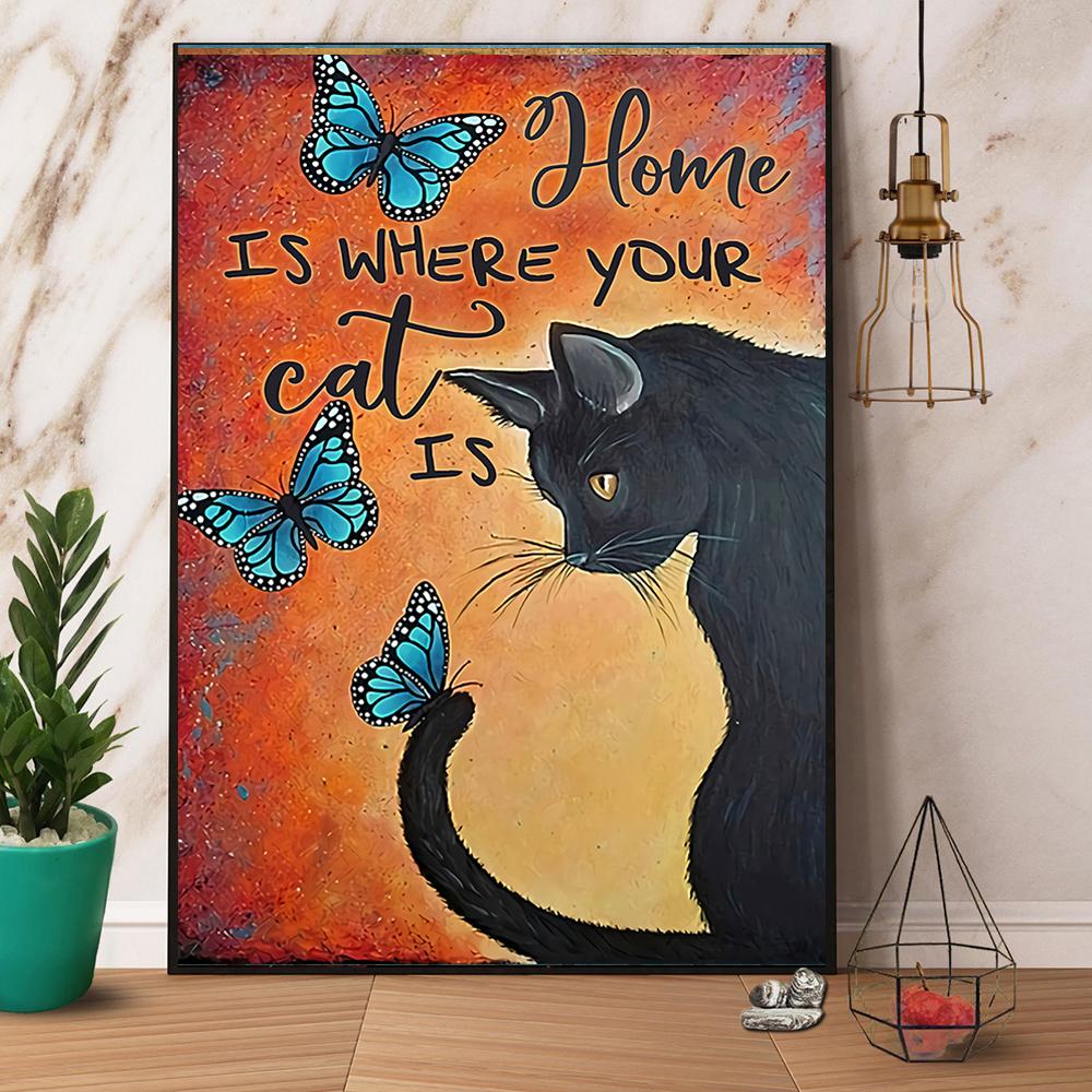 Black Cat Butterfly Home Is Where Your Cat Is Satin Poster Portrait No Frame