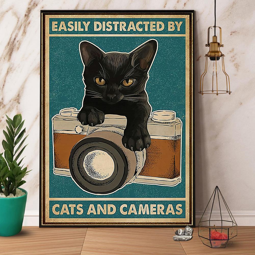 Black Cat & Camera Easily Distracted By Cats And Cameras Satin Poster Portrait No Frame