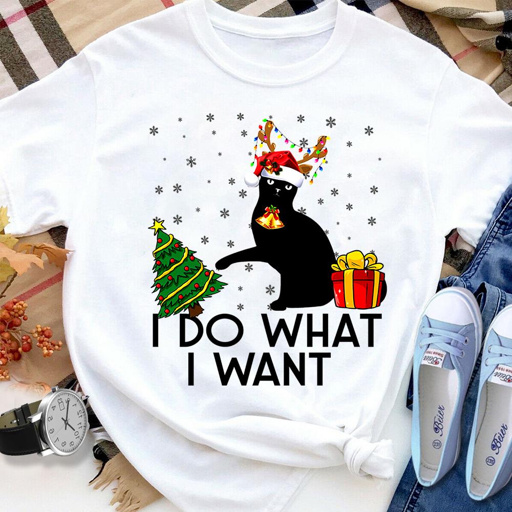 Black Cat Christmas I Do What I Want Santa Hat Snowflakes Xmas Tree T Shirt White Unisex S-6XL