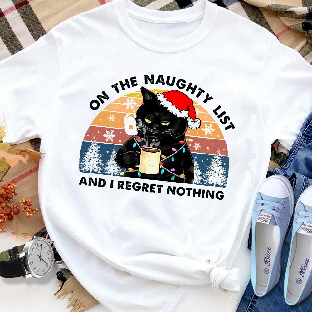 Black Cat Christmas I Regret Nothing Funny Light Coffee Retro Santa Hat Vintage Sunset T Shirt White Unisex S-6XL