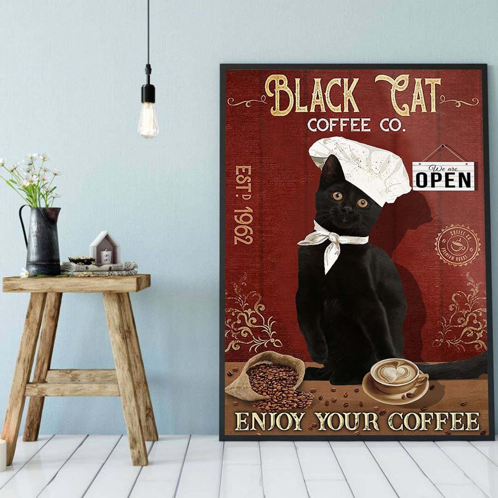 Black cat coffee co Cat coffee Cat Smoke Signs for Home Best gifts ever Cat hanging Satin Poster Portrait no Frame