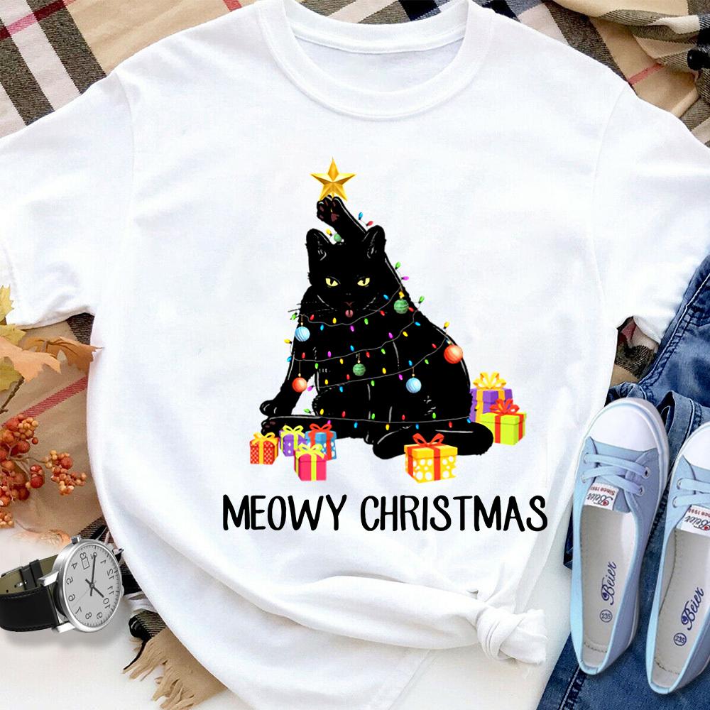 Black Cat Cosplay Tree Meowy Christmas Merry Christmas Gifts Light Ornament T Shirt White Unisex S-6XL