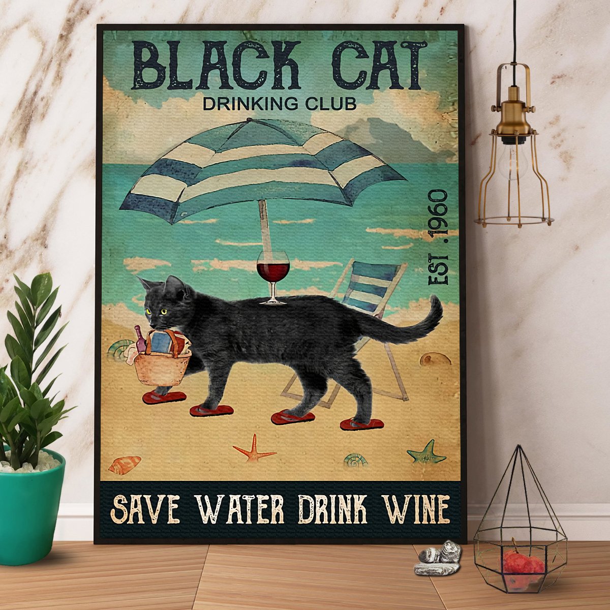 Black Cat Drinking Club Save Water Drink Wine Satin Poster Portrait No Frame