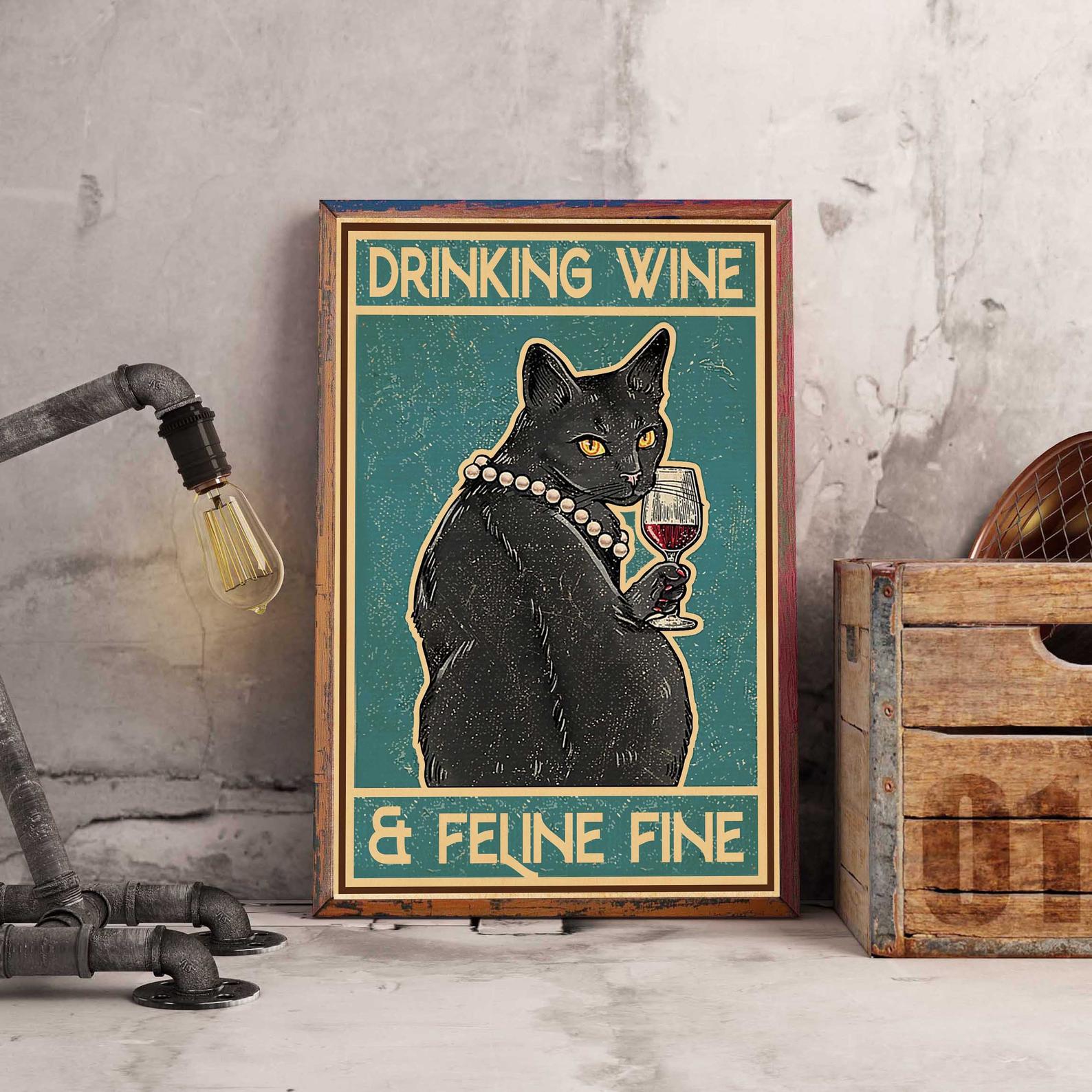 Black Cat Drinking Wine And Feline Fine Black Cat Wine Lovely Pet Gift for Animal Lover Satin Poster Portrait no Frame