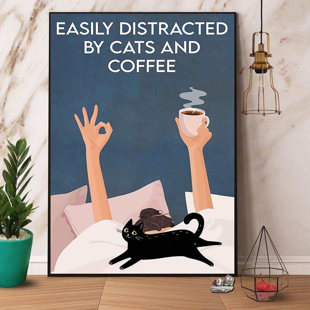 Black Cat Easily Distracted Bt Cats And Coffee Satin Poster Portrait No Frame