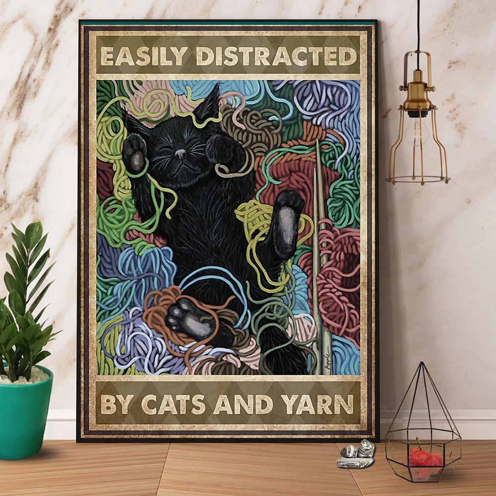 Black Cat Easily Distracted By Cats And Yarn Satin Poster Portrait No Frame