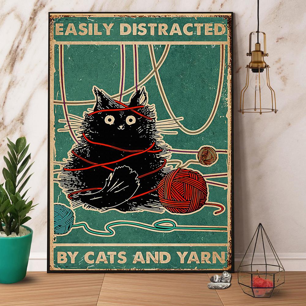 Black Cat Easily Distracted By Cats And Yarn Satin Poster Portrait No Frame