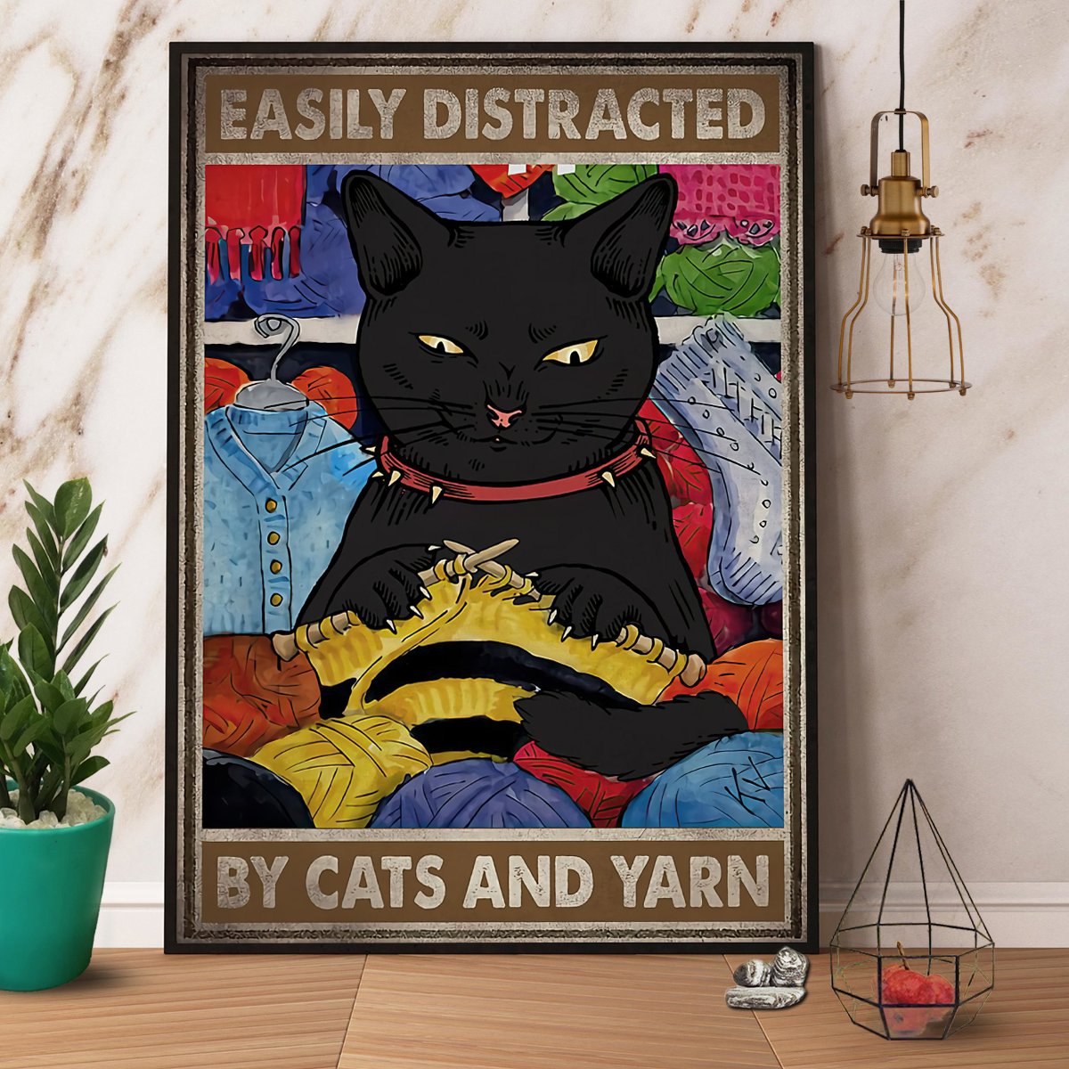 Black Cat Easily Distracted By Cats And Yarn Satin Poster Portrait No Frame