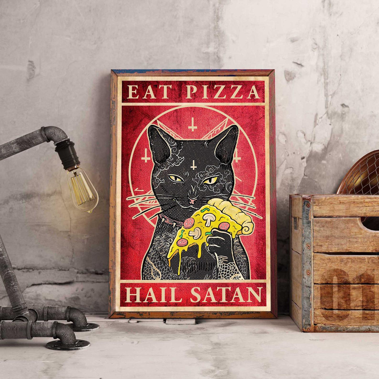 Black Cat Eat Pizza Hail Satan Cat Love Cat Funny Cat Cat Lovers Gift Funny Cat Satin Poster Portrait no Frame