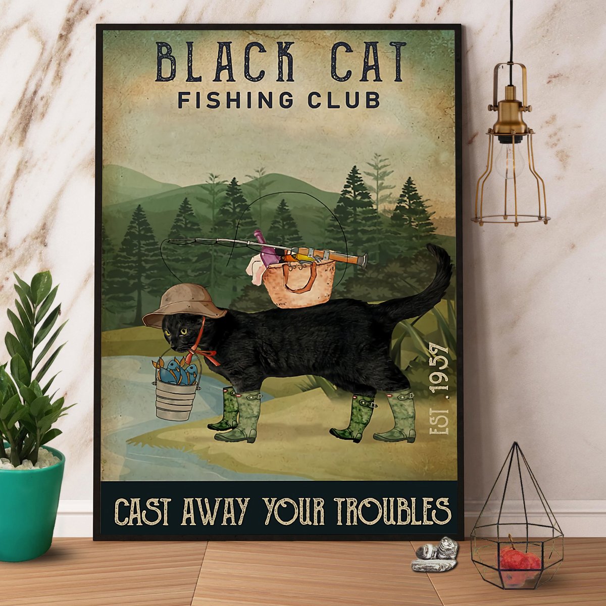 Black Cat Fishing Club Cast Away Your Troubles Satin Poster Portrait No Frame