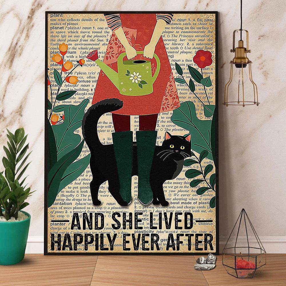 Black Cat & Garden And She Lived Happily Ever After Satin Poster Portrait No Frame