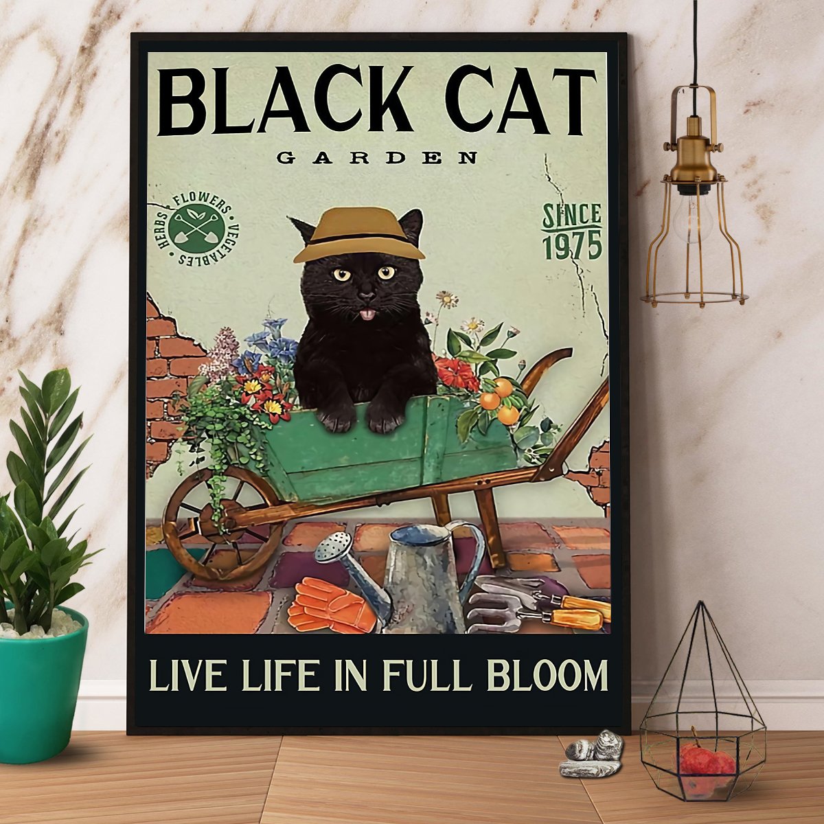 Black Cat Garden Live Life In Full Bloom Satin Poster Portrait No Frame