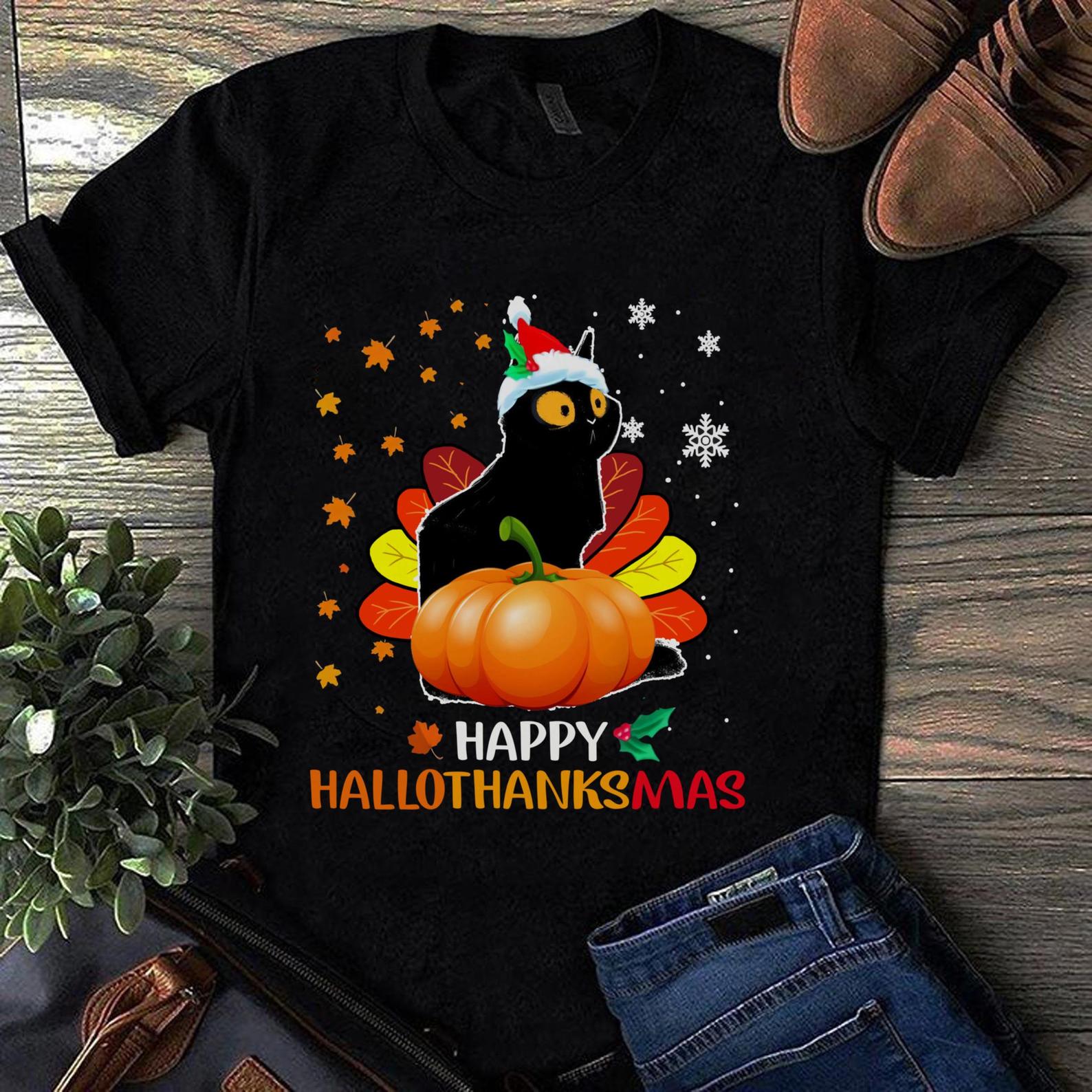 Black Cat Halloween And Merry Christmas Happy Hallothanksmas Long Sleeve T Shirt Black Unisex S-6XL