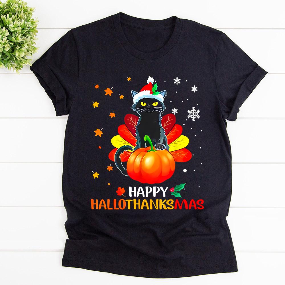 Black cat happy hallothanksmas pumpkin autumn leaves snow thanks giving day halloween T Shirt Black Unisex S-6XL