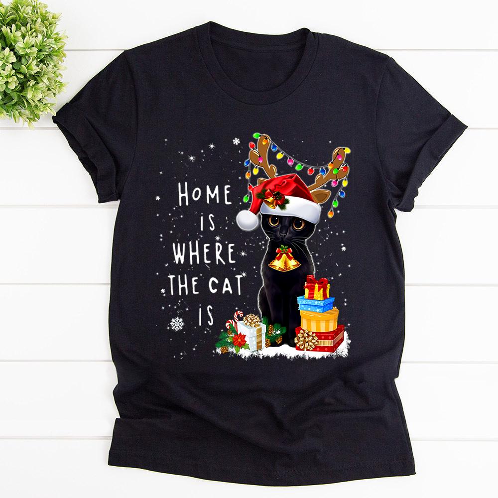 Black Cat Home Is Where The Cat Is Cat Deer Lees Gift Snow Merry Christmas T Shirt Black Unisex S-6XL