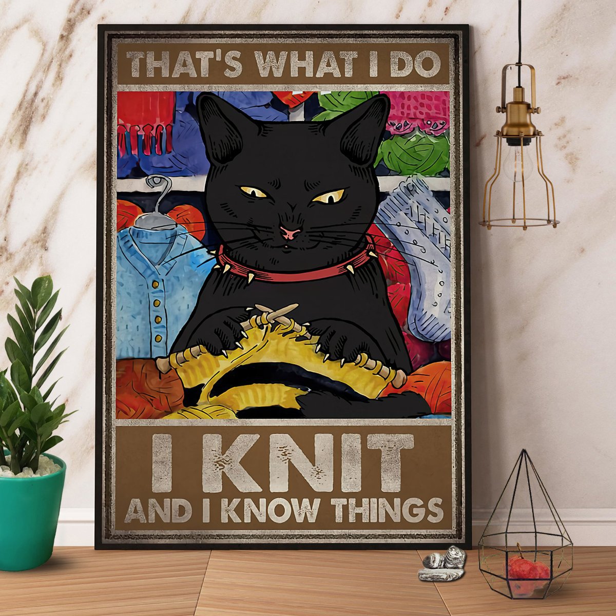 Black Cat I Knit And I Know Things Satin Poster Portrait No Frame