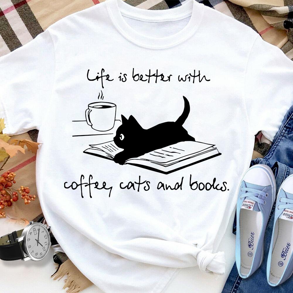 Black Cat Life Is Better With Books Coffee And Cats Women T Shirt White S-3XL