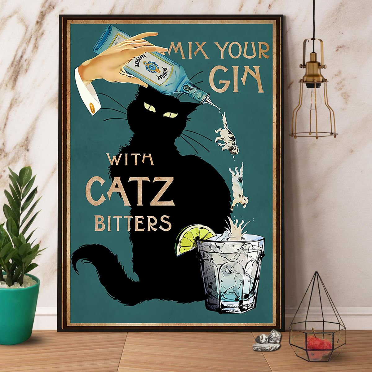 Black Cat Mix Your Gin Witm Catz Bitters Satin Poster Portrait No Frame