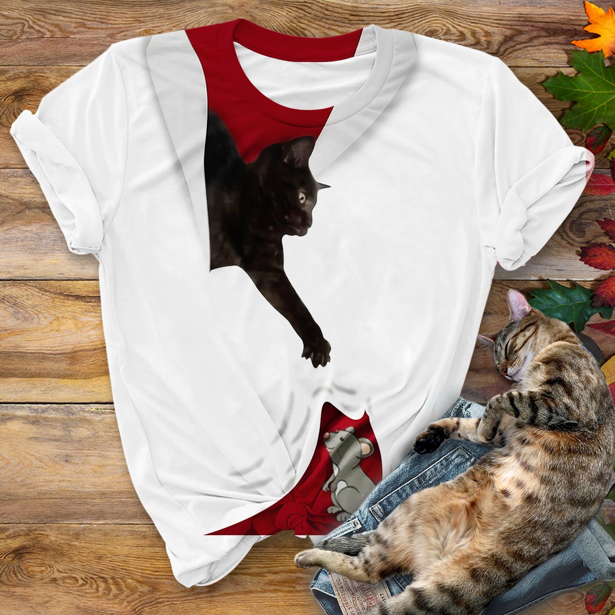 Black Cat Mouse Cat Lover Printed Design 3D Women T Shirt White S-3XL