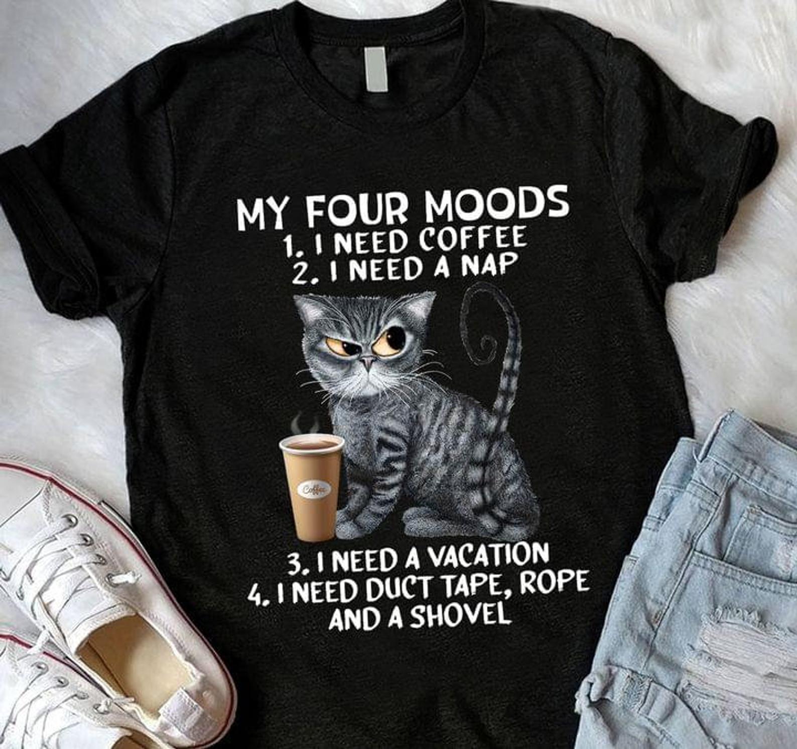 Black Cat My Four Moods T Shirt Black Unisex S-6XL