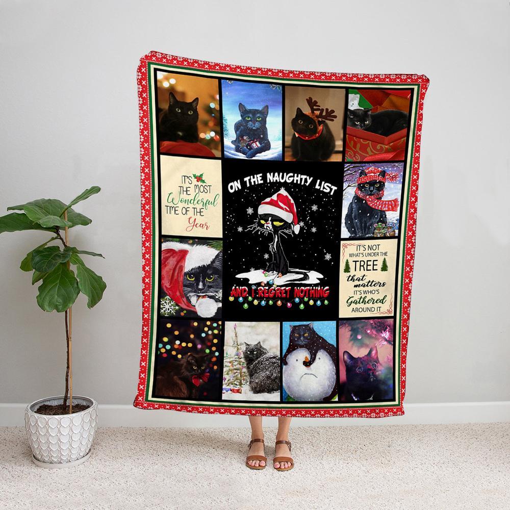 Black cat on the naughty list and I regret nothing christmas Fleece Blanket