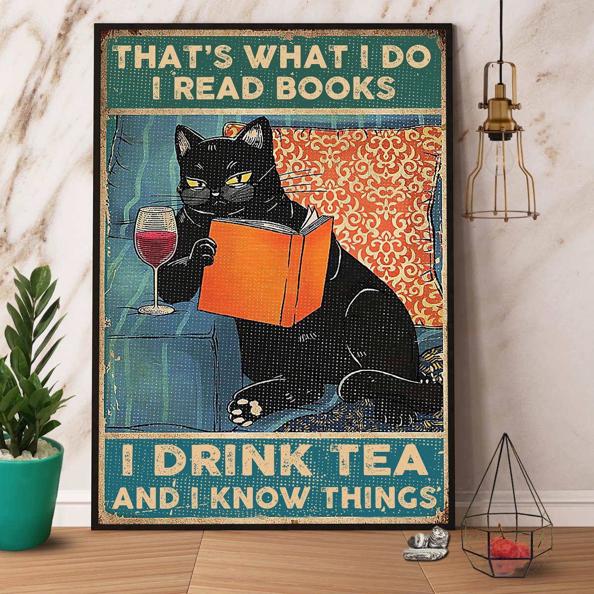 Black Cat Read Book I Read Books I Drink Tea And I Know Things Satin Poster Portrait No Frame