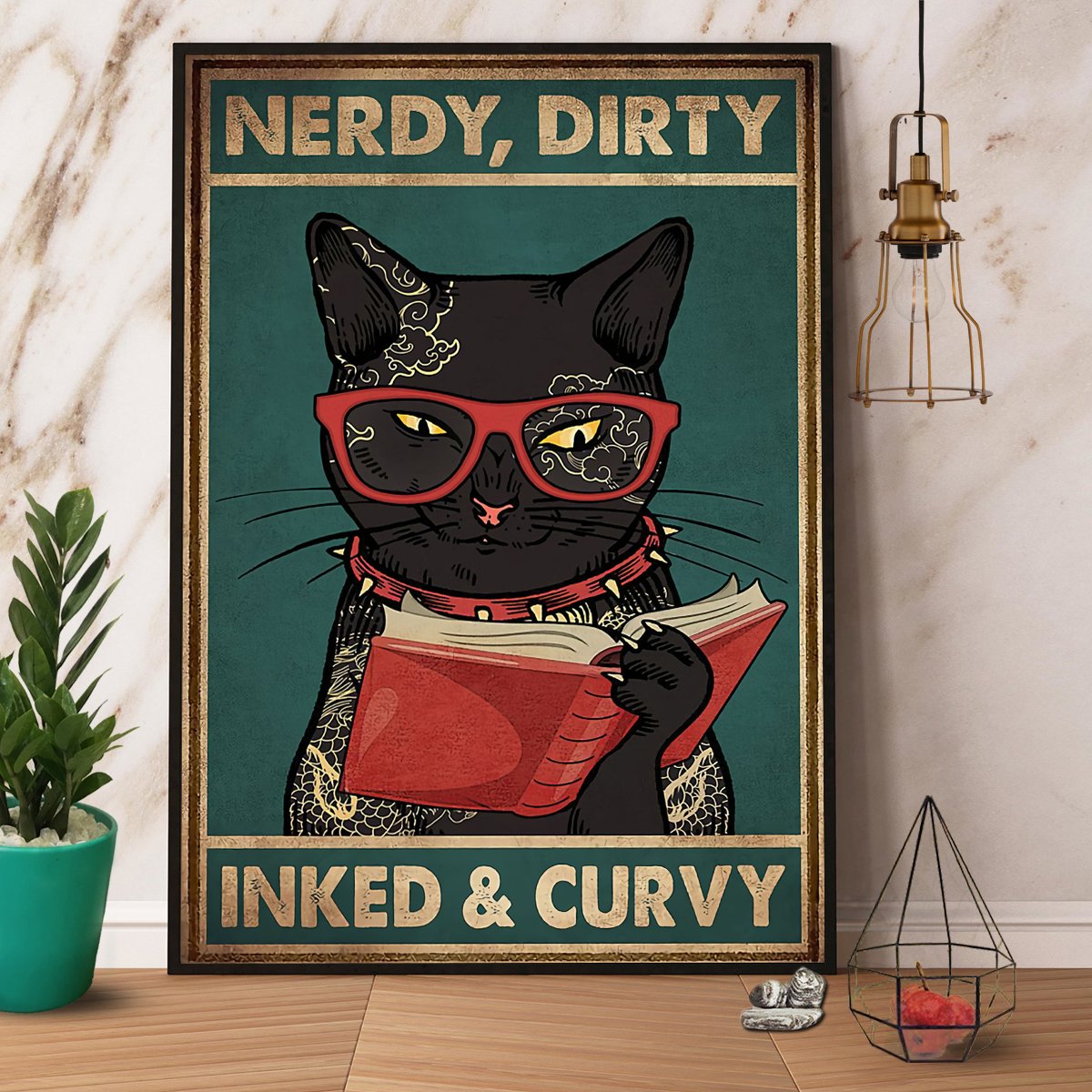 Black Cat Reads Book Nerdy Dirty Inked & Curvy Satin Poster Portrait No Frame