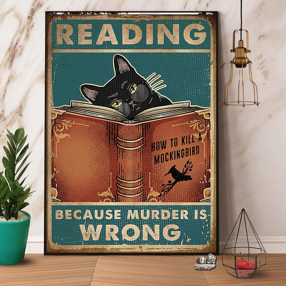 Black Cat Reads Book Reading Because Murder Is Wrong Satin Poster Portrait No Frame