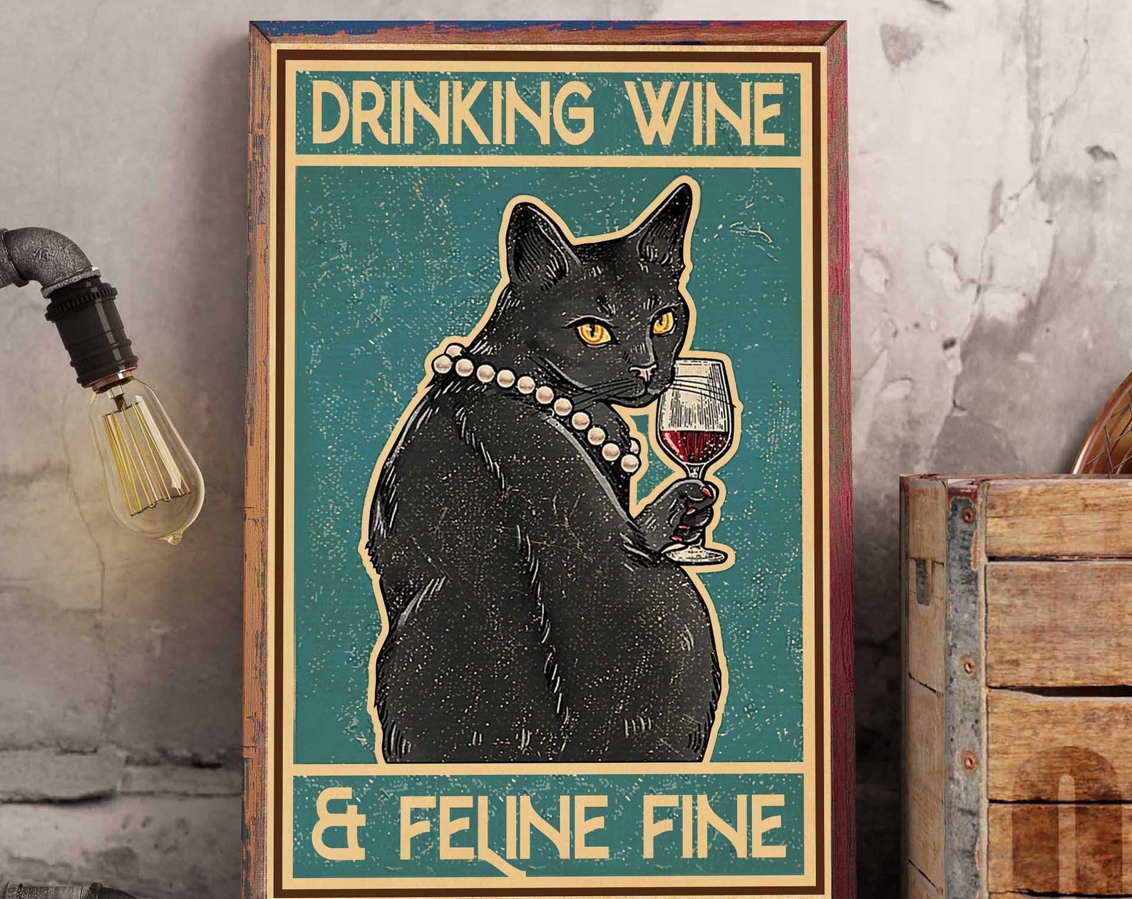 Black Cat rinking Wine And Feline Fine Black Cat Wine Lovely Pet Gift for Animal Lover Satin Poster Portrait no Frame