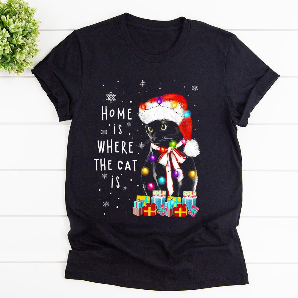 Black cat santa color light on cat home is where the cat at xmas s T Shirt Black Unisex S-6XL