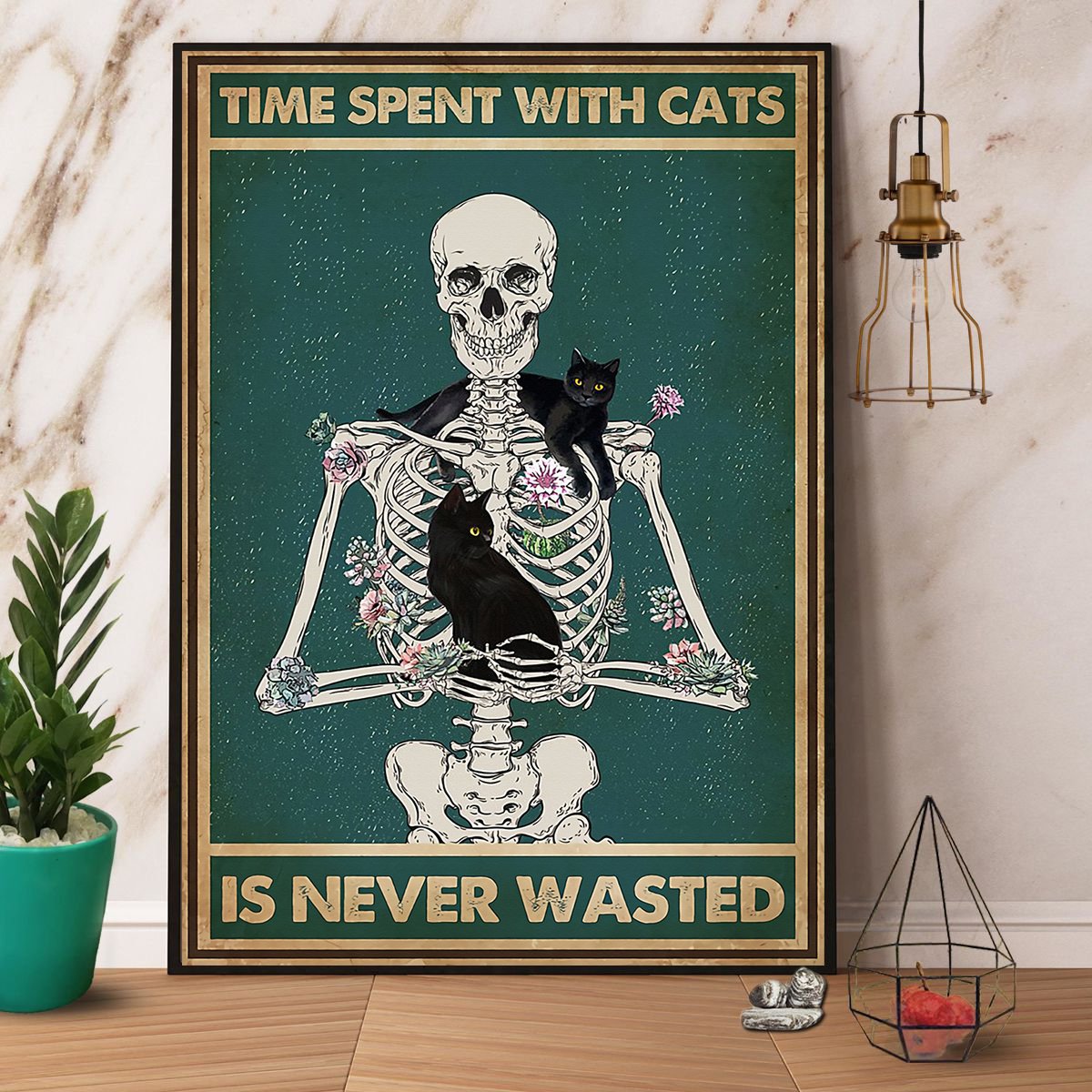 Black Cat & Skeleton Time Spent With Cats Is Never Wasted Satin Poster Portrait No Frame