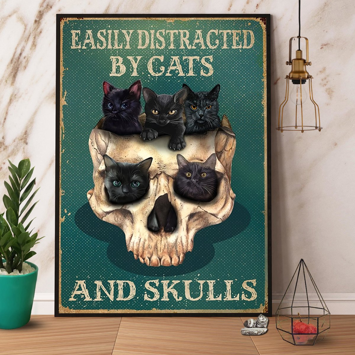 Black Cat Skull Easily Distracted By Cats And Skulls Cat Lover Satin Poster Portrait No Frame