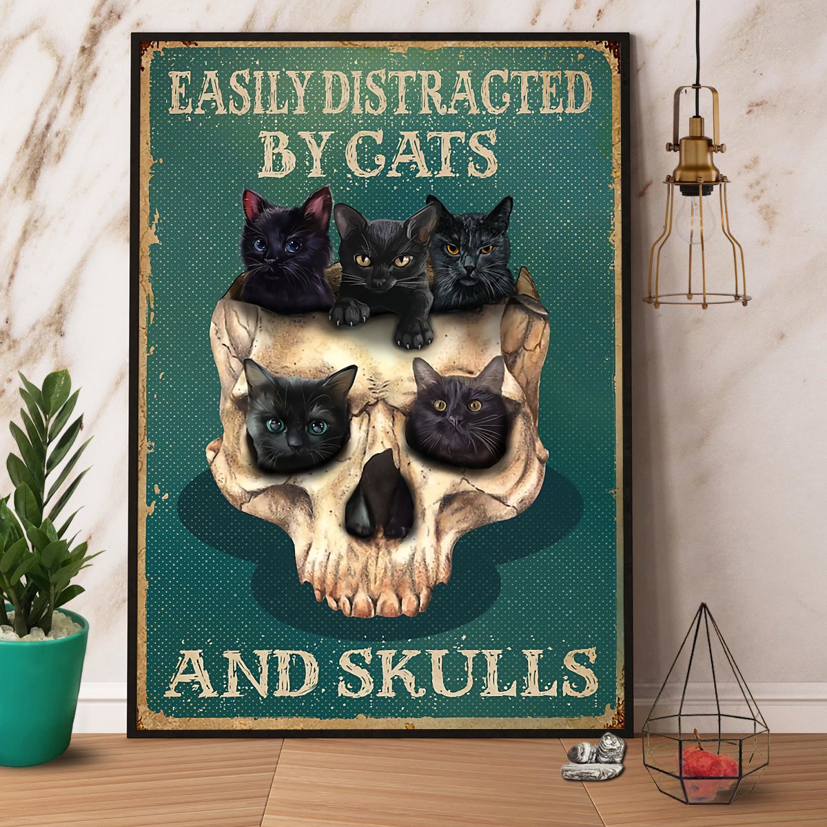 Black Cat Skull Easily Distracted By Cats And Skulls Satin Poster Portrait No Frame