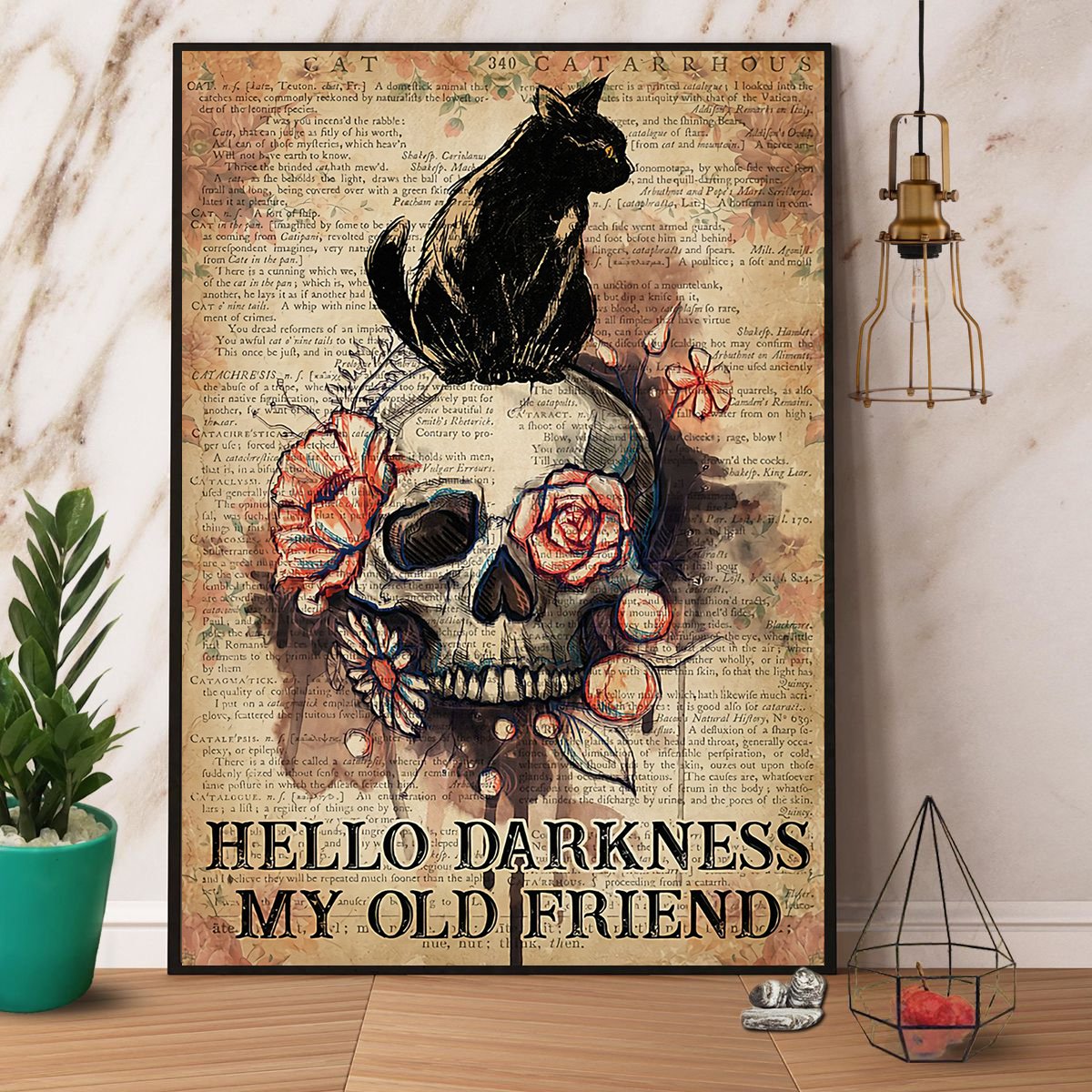 Black Cat & Skull Hello Darkness My Old Friend Satin Poster Portrait No Frame