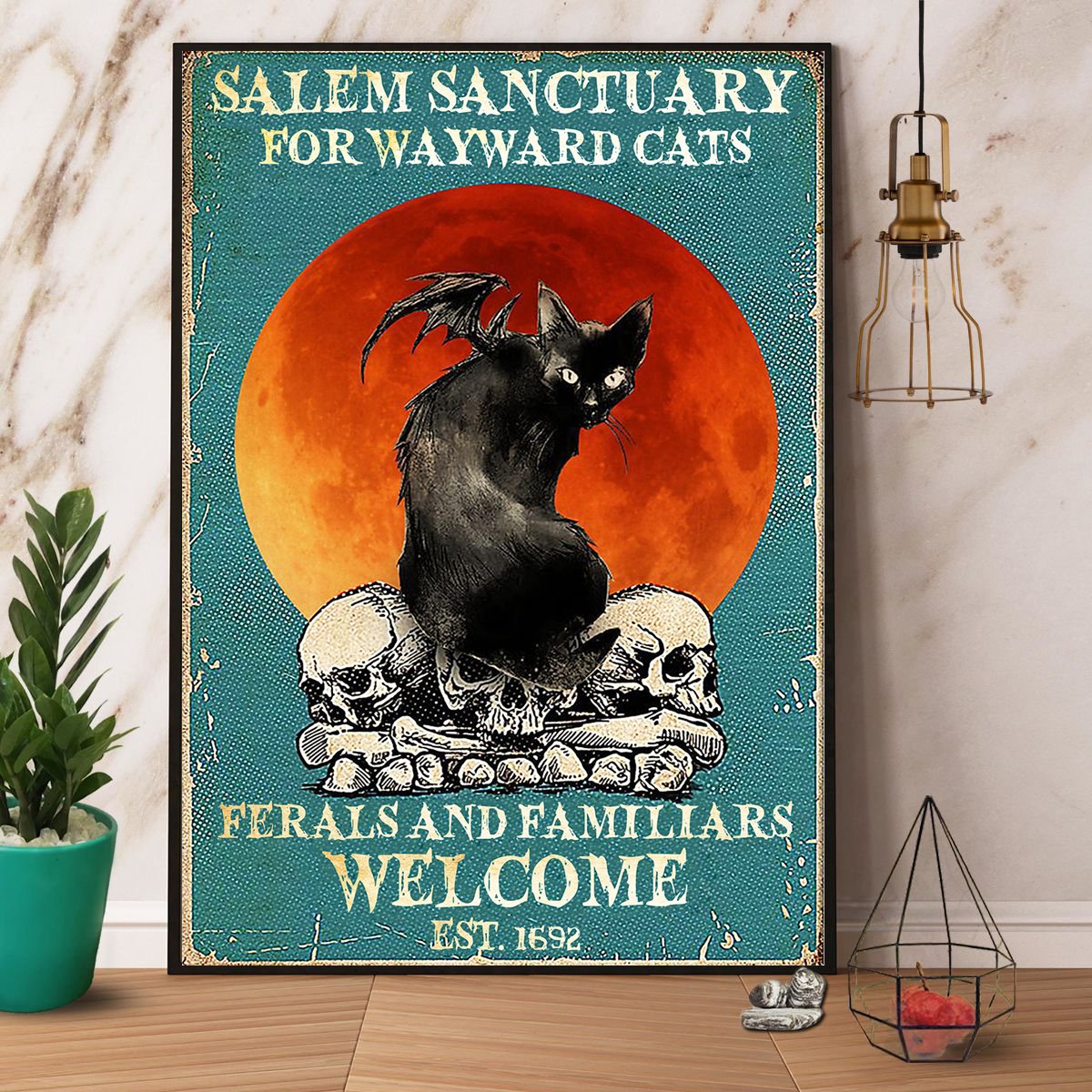 Black Cat & Skull Salem Sanctuary For Wayward Cats Satin Poster Portrait No Frame