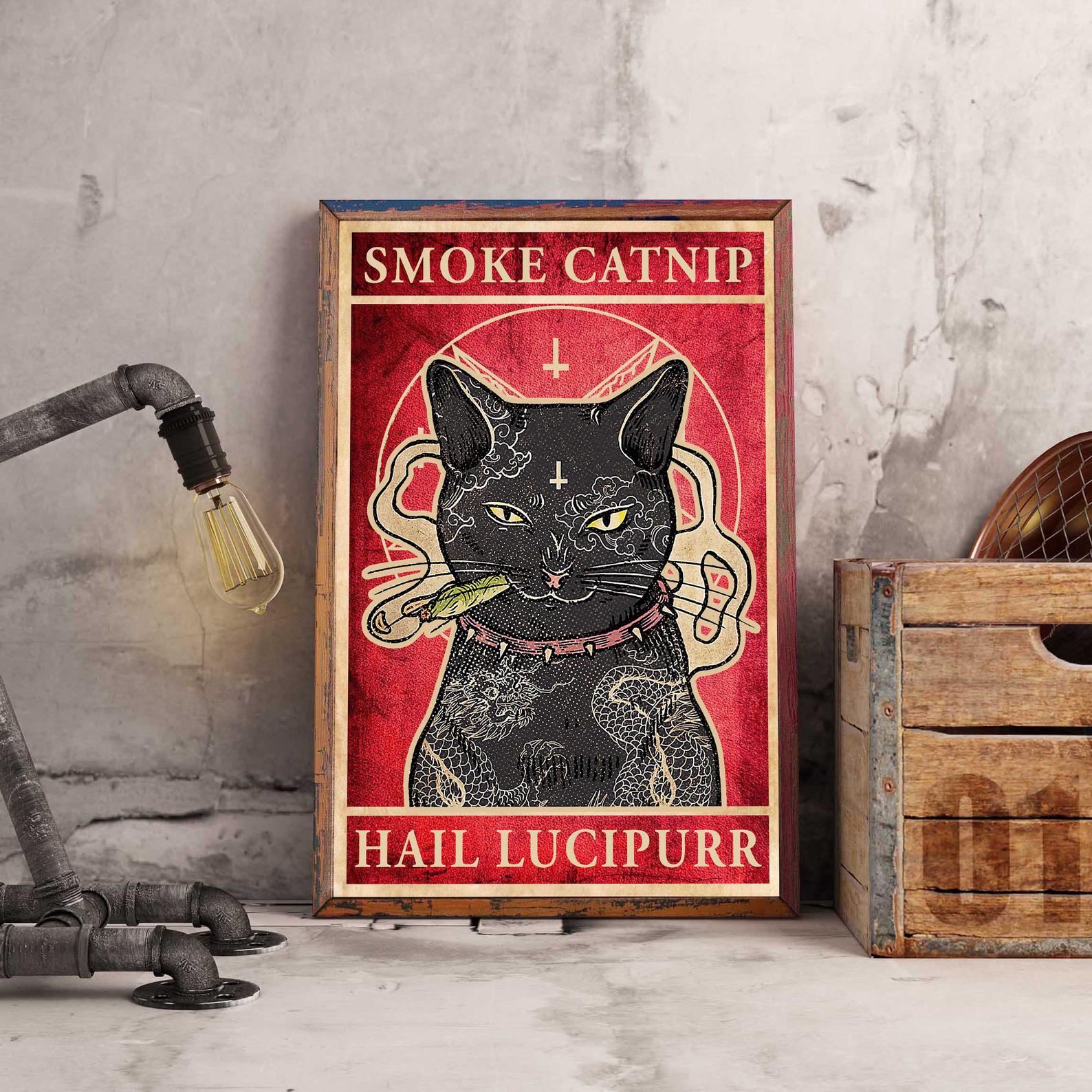 Black cat Smoke Catnip Hail Lucipurr Cool Funny Crazy Cat Creative Vintage And Gift Satin Poster Portrait no Frame