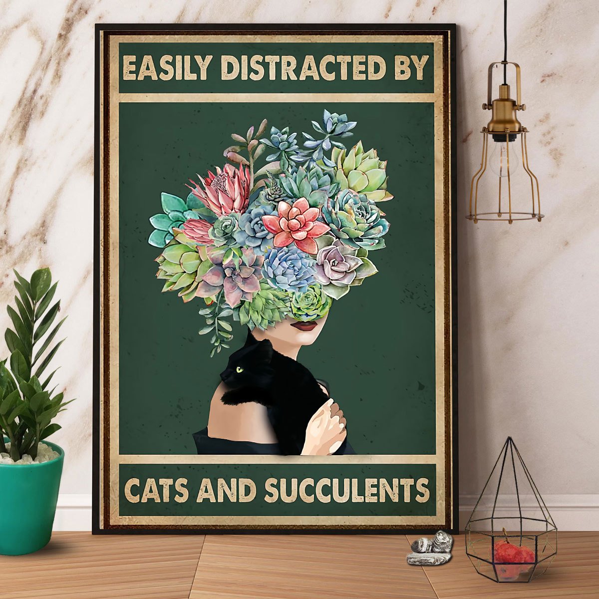 Black Cat Succulent Easily Distracted By Cats And Succulents Satin Poster Portrait No Frame