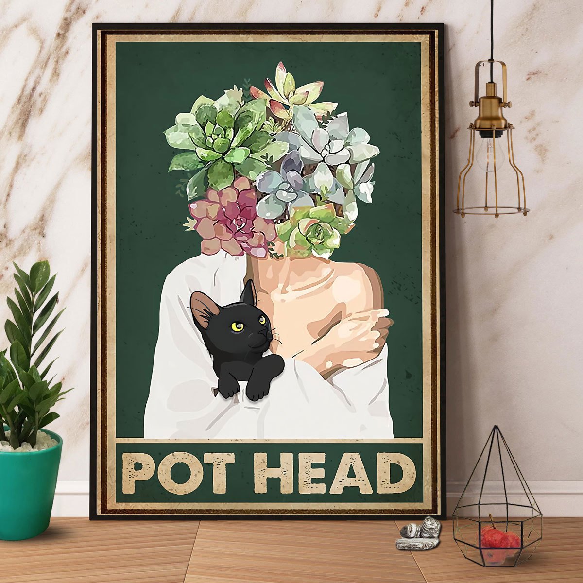 Black Cat & Succulent Girl Pot Head Satin Poster Portrait No Frame