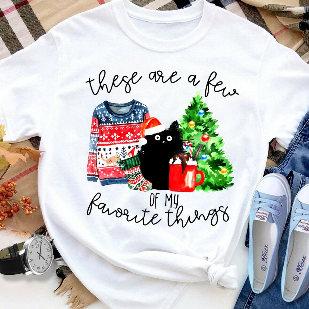 Black Cat There Are Few Favorite Things Xmas Tree Ornament Coffee Candy Cane T Shirt White Unisex S-6XL