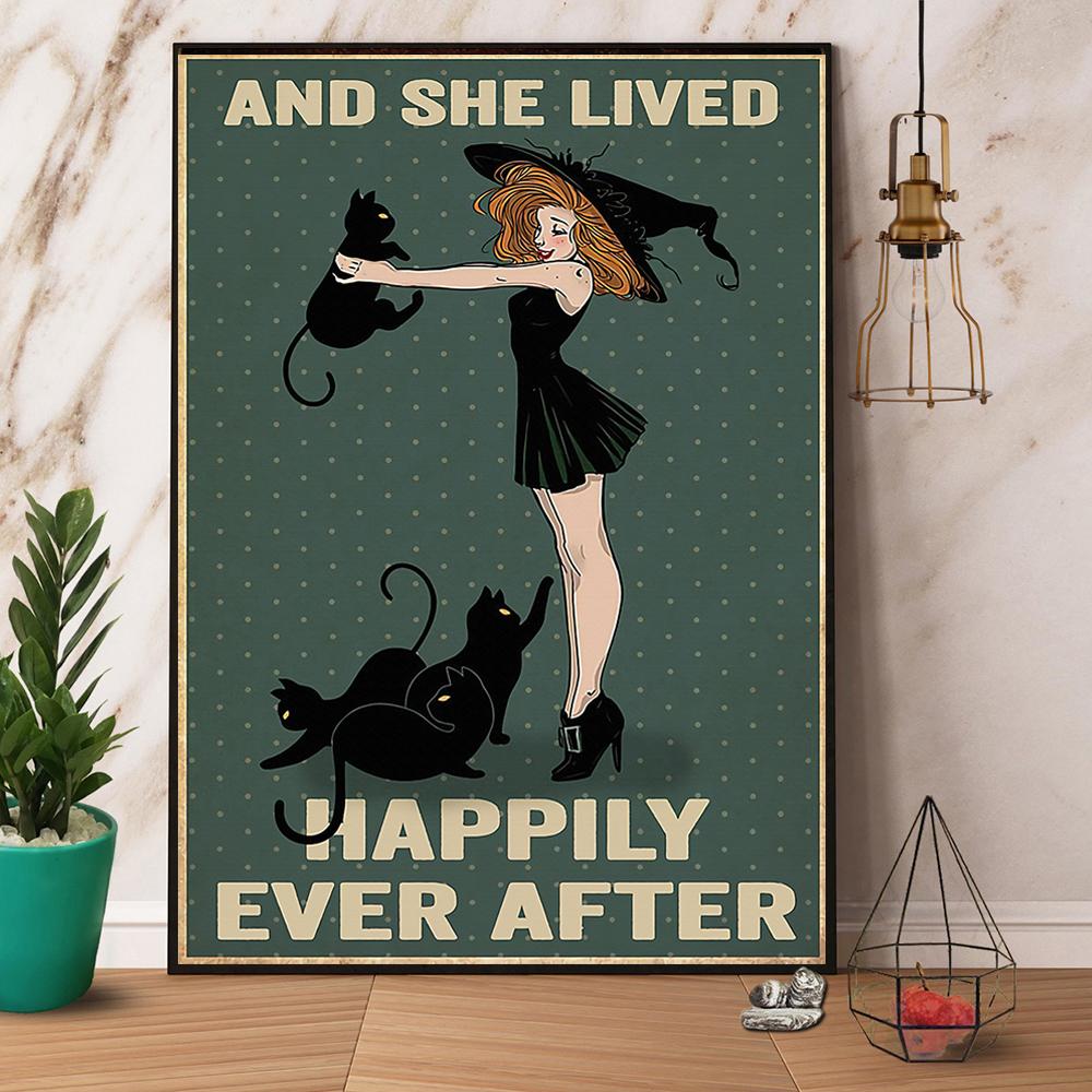 Black Cat & Witch And She Lives Happily Ever After Satin Poster Portrait No Frame