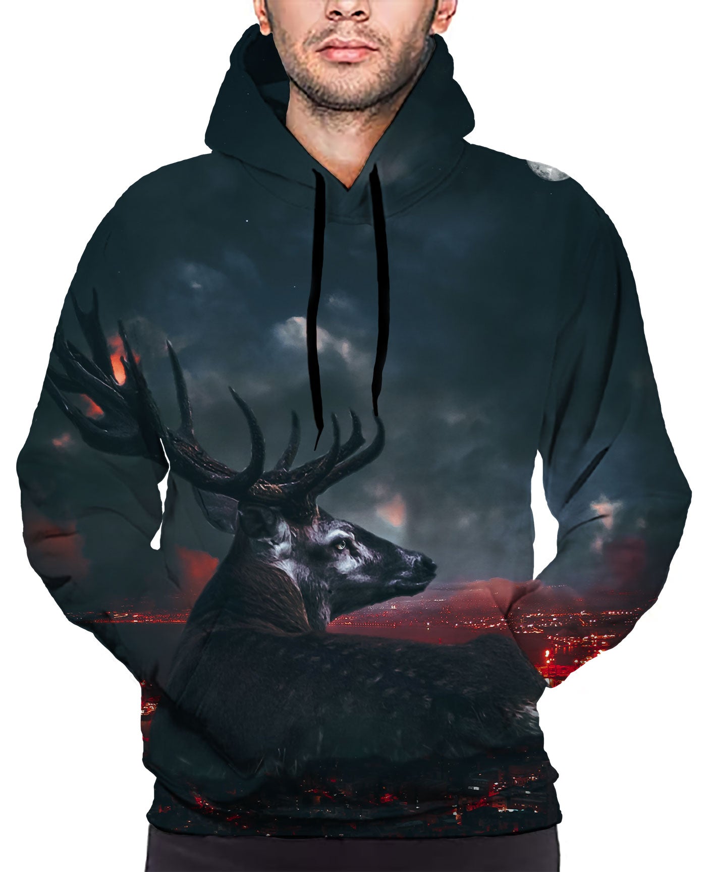 Black Deer FIRE FIRE Print Long Sleeve Pullover Hoodie 3D Print Full S-5XL