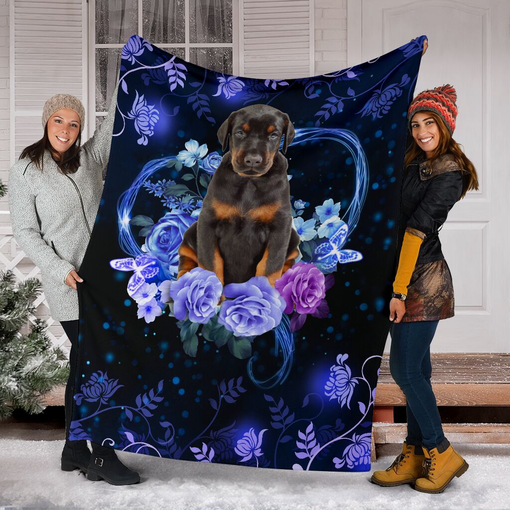 Black Doberman Premium Blanket Flower Fleece Blanket