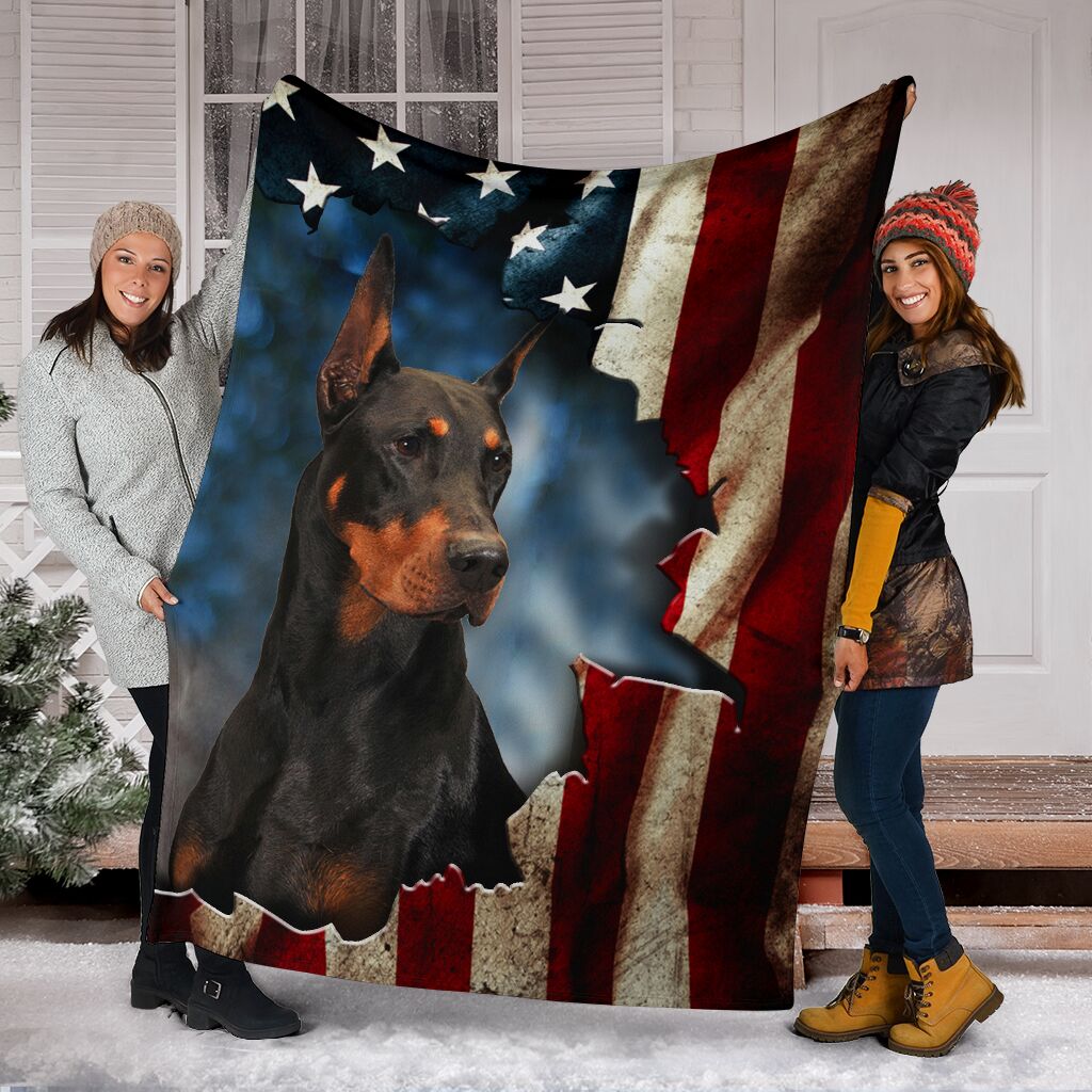 Black Doberman Premium Blanket In The Flag Fleece Blanket