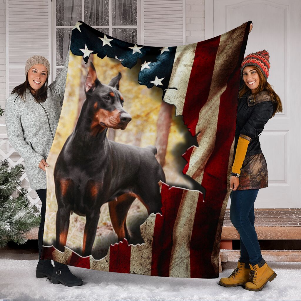 Black Doberman Premium Blanket In The Flag Fleece Blanket