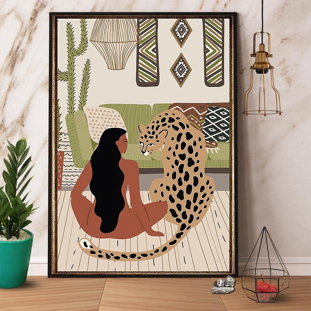 Black Girl And Her Leopard Satin Poster Portrait No Frame