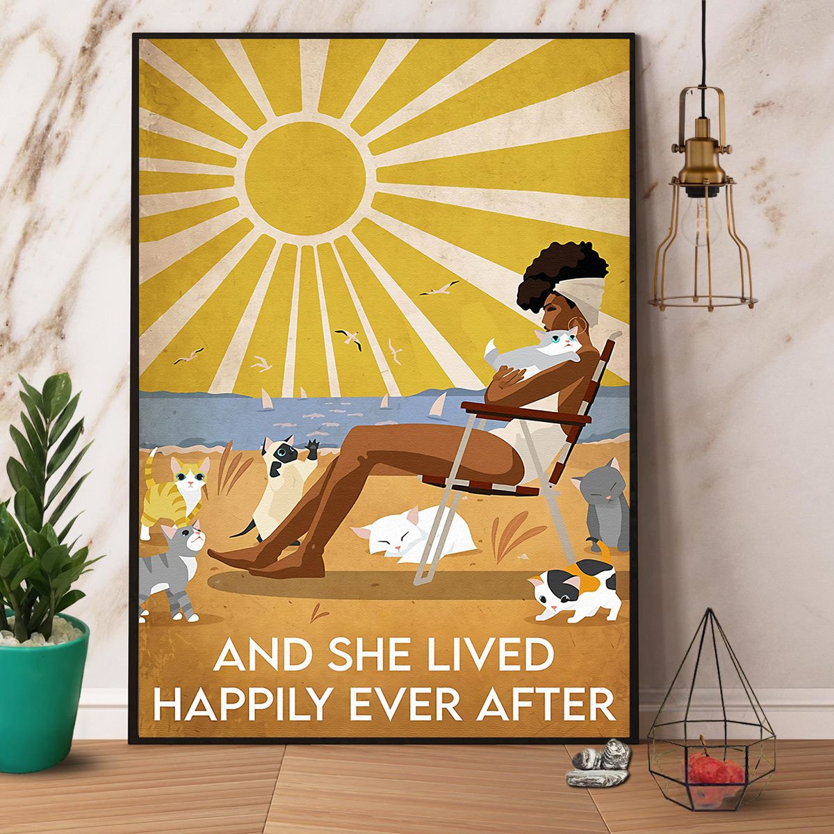 Black Girl & Cat And She Lived Happily Ever After Satin Poster Portrait No Frame