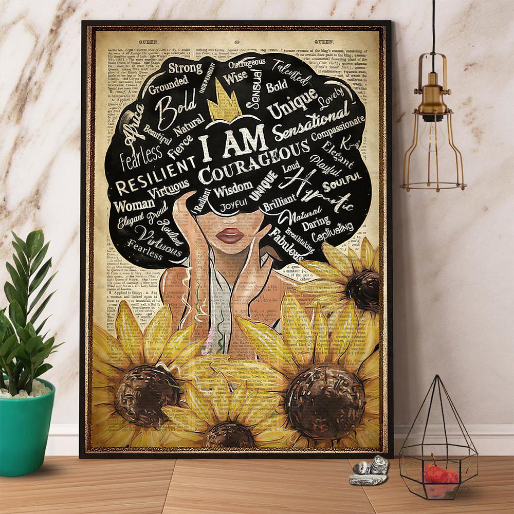 Black Girl Courageous Woman With Sunflowers Satin Poster Portrait No Frame