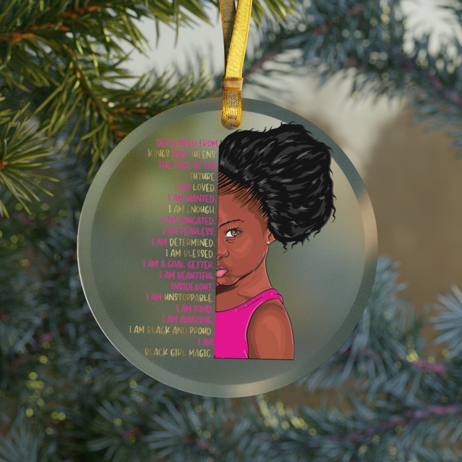 Black Girl Magic Glass Christmasblack Girl Christmasaffirmation Girlsafrican American Girl Giftsblack Pride Kids Afro Puffs Christmas Ornament