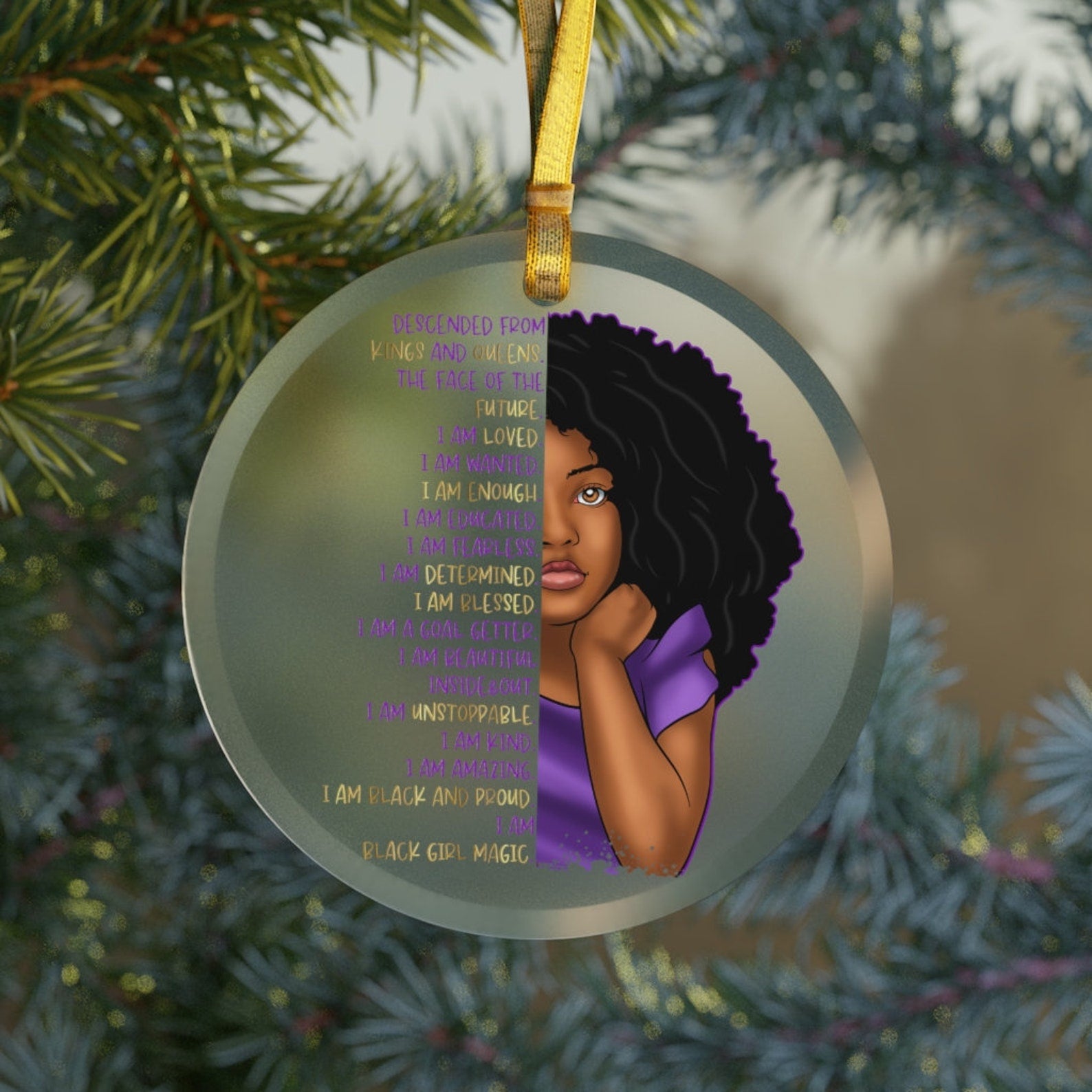 Black Girl Magic Glass Christmasblack Girl Christmasaffirmation Girlsafrican American Girl Giftsblack Pride Kidscurly Purple Christmas Ornament